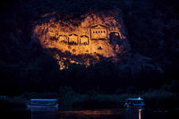 night shot of illuminated Lycian rock tombs in a rock face of Dalyan