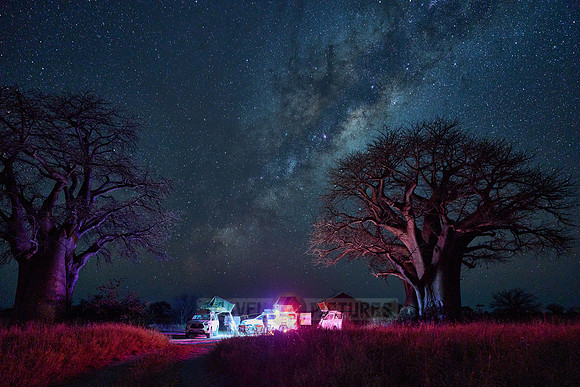 Night shot with Milky Way and Baobabs and camper at Baines Campsite 2