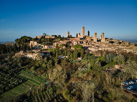 drone shot of medieval town San Gimignano