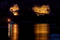 night shot of illuminated Lycian rock tombs in a rock face of Dalyan