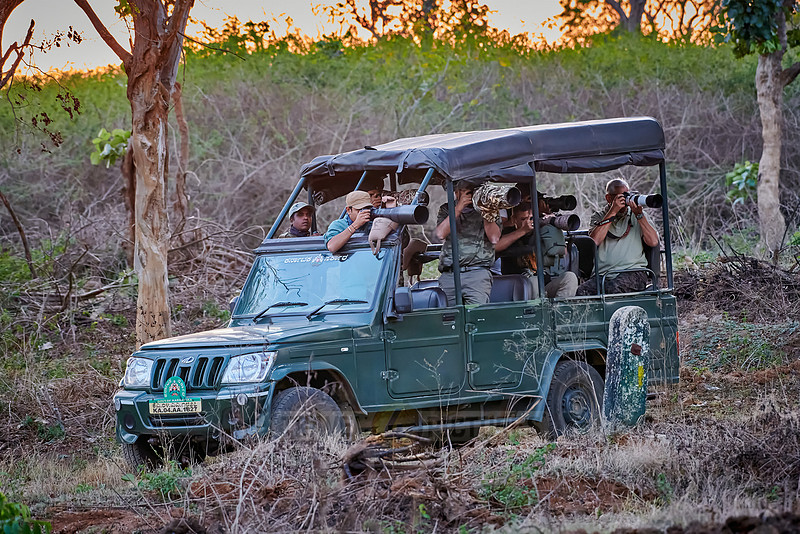 group of wildlife photographer with long lenses on Safari car