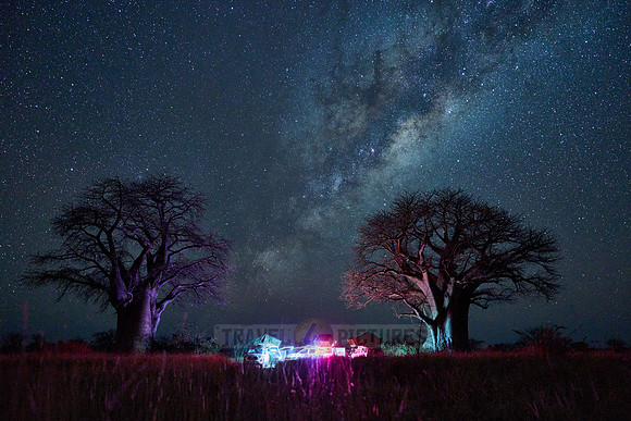 Night shot with Milky Way and Baobabs and camper at Baines Campsite 2