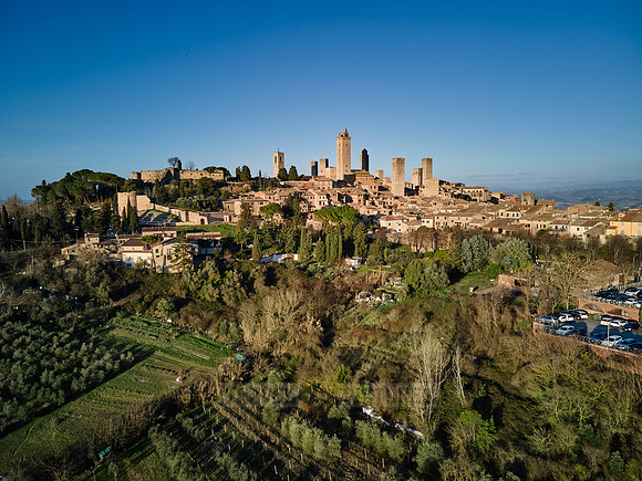 drone shot of medieval town San Gimignano