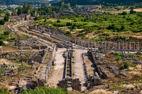 Aerial of columned street in Roman city of Perge