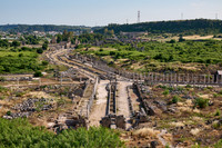 Aerial of columned street in Roman city of Perge