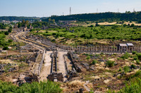 Aerial of columned street in Roman city of Perge
