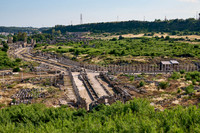 Aerial of columned street in Roman city of Perge