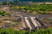 Aerial of columned street in Roman city of Perge