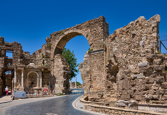 The Arch of the Inner Gate with Vespasian Fountain in ruins of the Roman city of Side