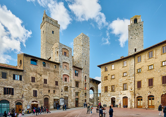 towers of medieval town at Piazza della Cisterna in San Gimignano