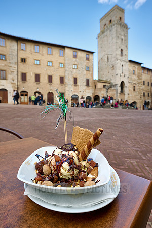 famous Italian ice cream at Piazza della Cisterna in medieval town San Gimignano