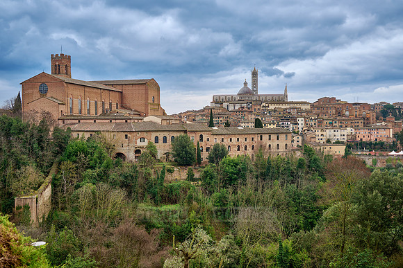 view over Siena with Cathedral and Basilica Cateriniana di San Domenico