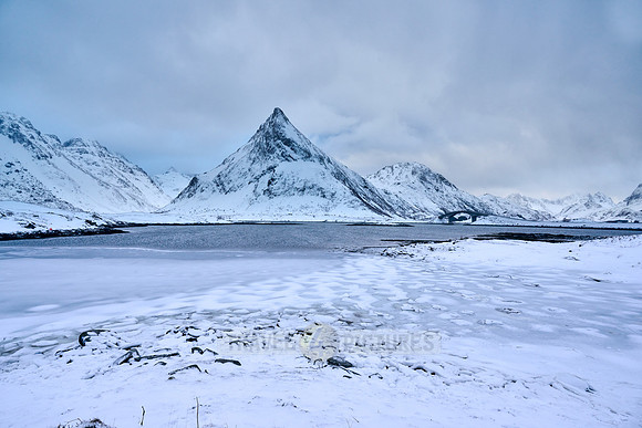mountains and winter landscape at Flakstadbruene, Flakstad, Lofoten