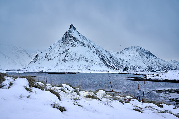 mountains and winter landscape at Flakstadbruene, Flakstad, Lofoten