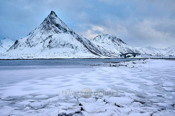 mountains and winter landscape at Flakstadbruene, Flakstad, Lofoten