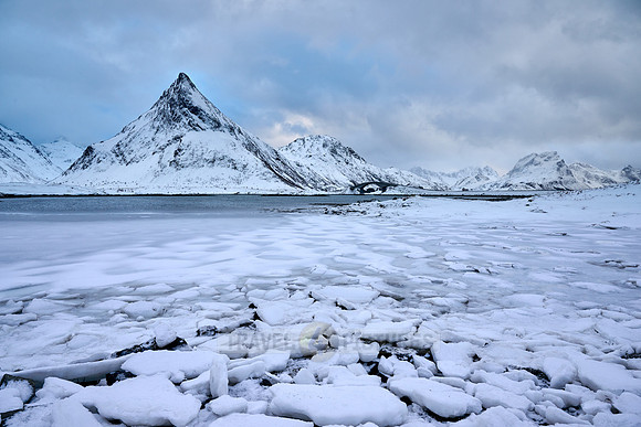 mountains and winter landscape at Flakstadbruene, Flakstad, Lofoten