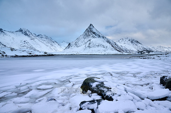 mountains and winter landscape at Flakstadbruene, Flakstad, Lofoten