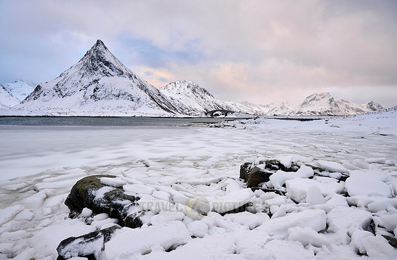 mountains and winter landscape at Flakstadbruene, Flakstad, Lofoten
