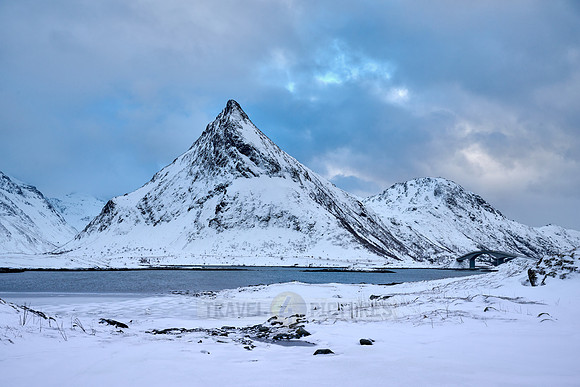 mountains and winter landscape at Flakstadbruene, Flakstad, Lofoten