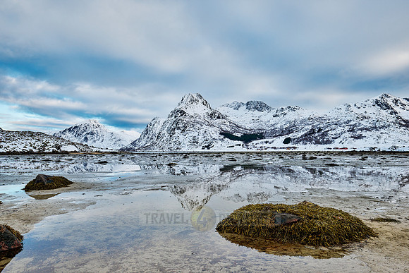 mountains and winter landscape at Flakstadpollen, Flakstad,