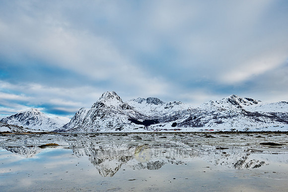 mountains and winter landscape at Flakstadpollen, Flakstad,