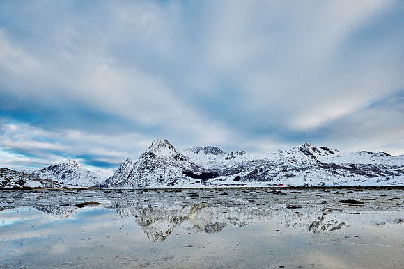 mountains and winter landscape at Flakstadpollen, Flakstad,