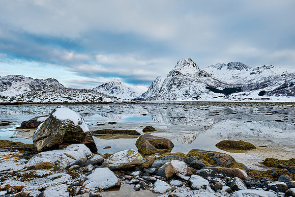 mountains and winter landscape at Flakstadpollen, Flakstad,