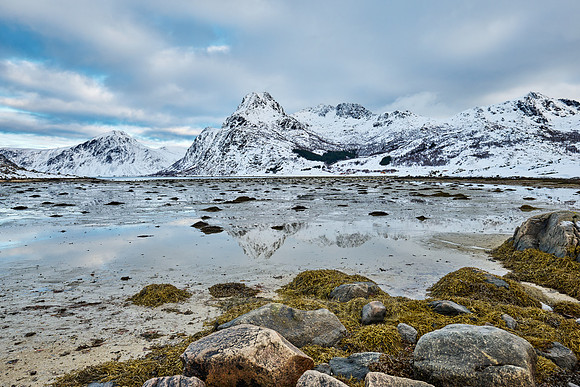 mountains and winter landscape at Flakstadpollen, Flakstad,