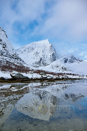 mountains and winter landscape at Flakstadpollen, Flakstad,