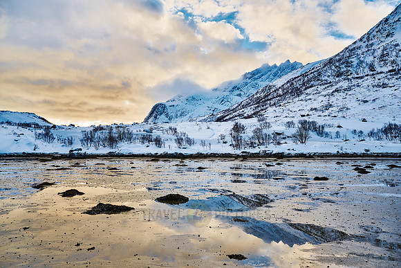 mountains and winter landscape at Flakstadpollen, Flakstad,