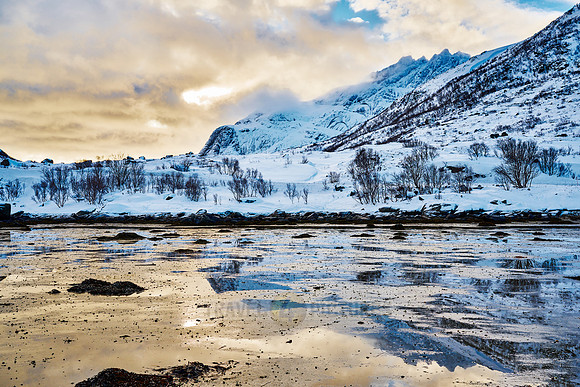 mountains and winter landscape at Flakstadpollen, Flakstad,