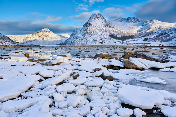 mountains and winter landscape at Flakstadpollen, Flakstad,