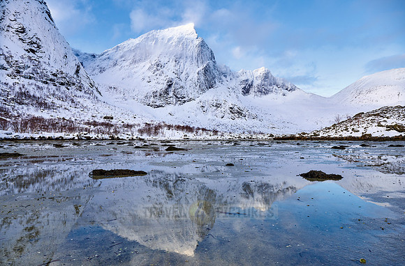 mountains and winter landscape at Flakstadpollen, Flakstad,