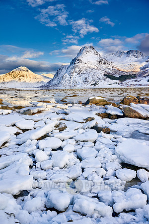 mountains and winter landscape at Flakstadpollen, Flakstad,