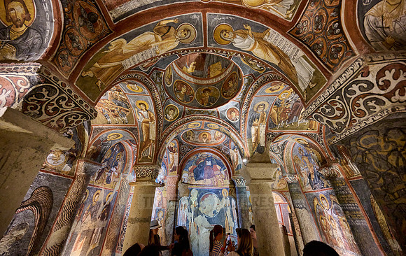 interior view of dark church in Goreme open air museum