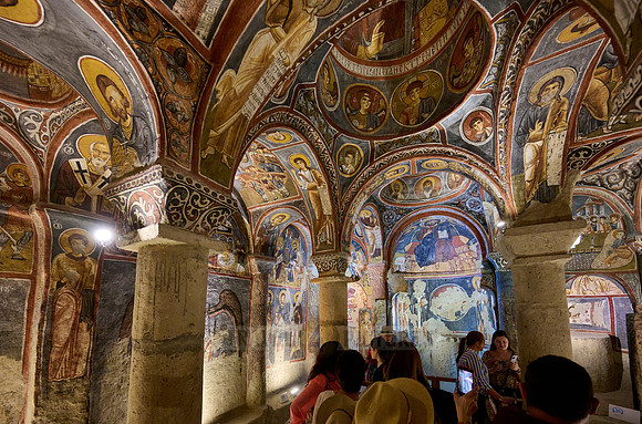 interior view of dark church in Goreme open air museum