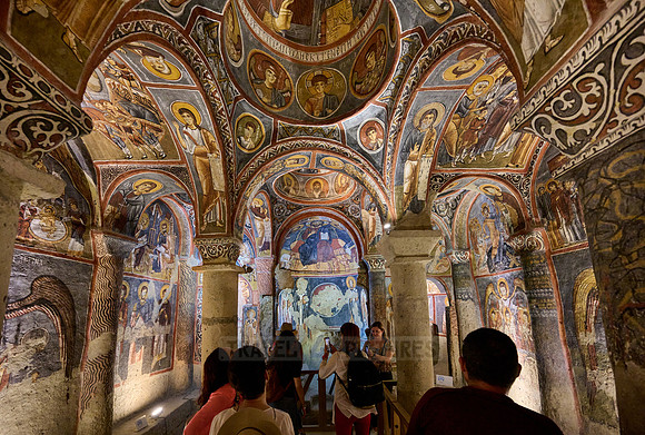 interior view of dark church in Goreme open air museum