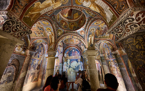 interior view of dark church in Goreme open air museum