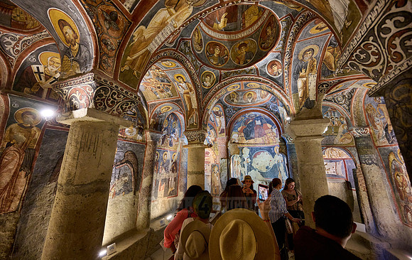 interior view of dark church in Goreme open air museum