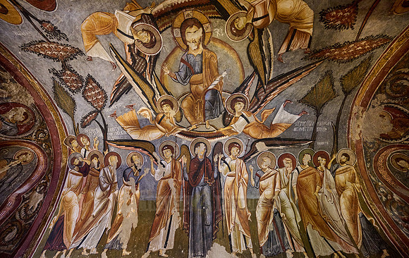 interior view of dark church in Goreme open air museum