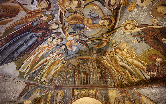 interior view of dark church in Goreme open air museum