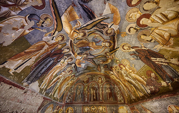 interior view of dark church in Goreme open air museum