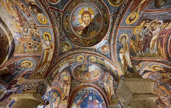 interior view of dark church in Goreme open air museum