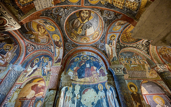 interior view of dark church in Goreme open air museum