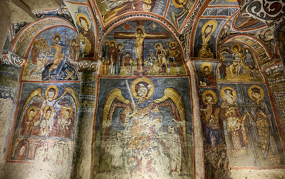 interior view of dark church in Goreme open air museum