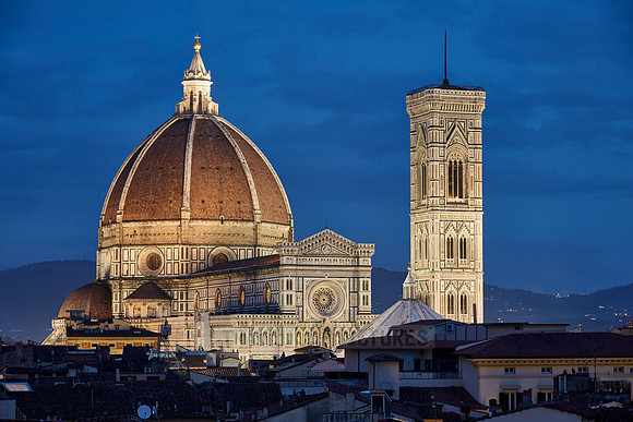 Twilight shot of the illuminated Cathedral of Florence, Santa Maria die Fiori