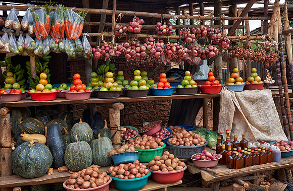 market stalls with fruits and vegetables