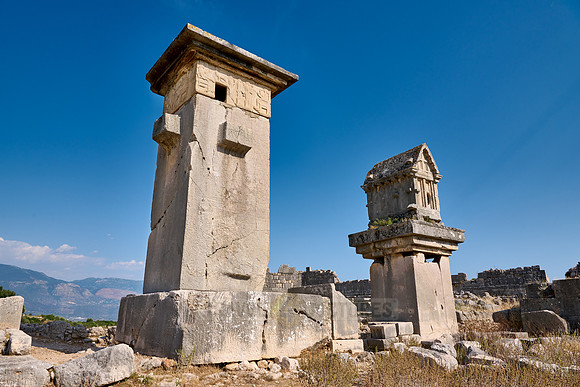 Sarcophagus and Harpy Pillar in ruins of ancient city Xanthos