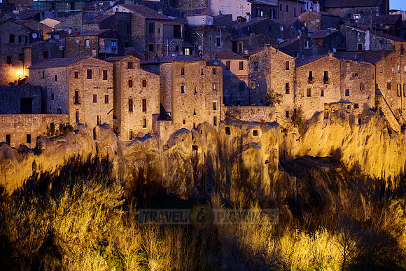 illuminated cityscape of Pitigliano, Tuscany, Italy