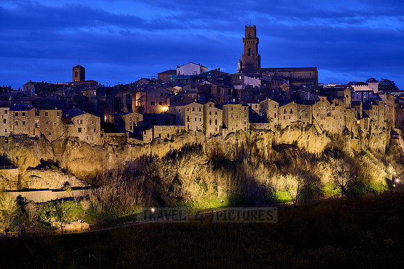 illuminated cityscape of Pitigliano, Tuscany, Italy